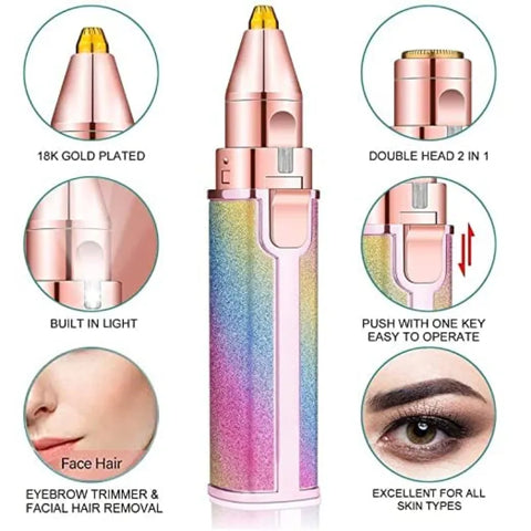 2-in-1 Rechargeable Electric Eyebrow Trimmer & Facial Hair Remover – Painless, Precision Epilator & Shaver with LED Light for Face, Lips, Nose, Chin, Arms, Legs, Armpits & Bikini Area – Portable & Flawless Hair Removal Tool for Women